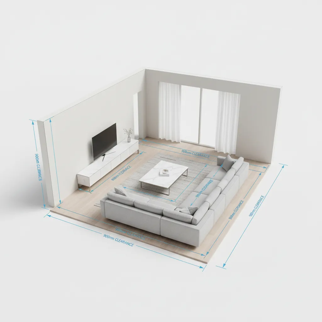 digital room layout plan with measurement guides and furniture spacing