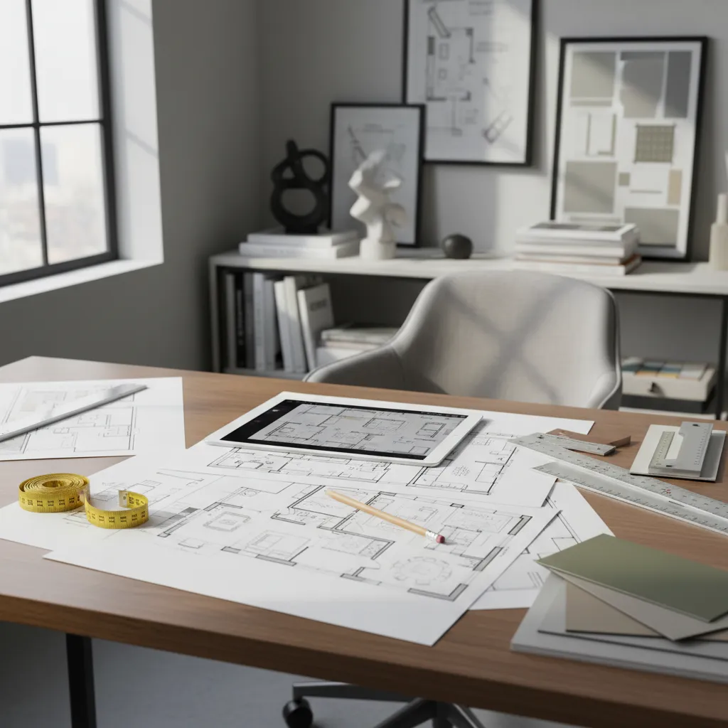 Interior designer planning a room layout with floor plan sketches and tablet design software