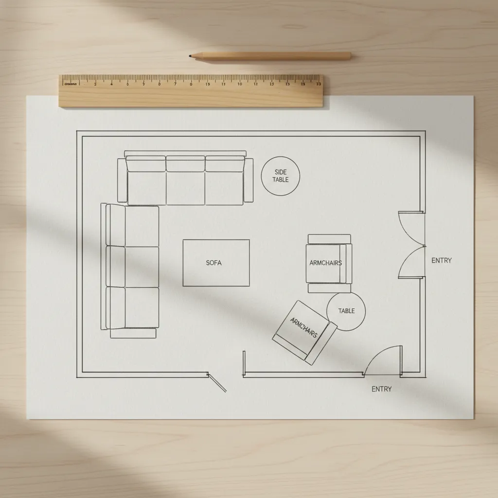Hand drawn living room layout sketch with furniture placement