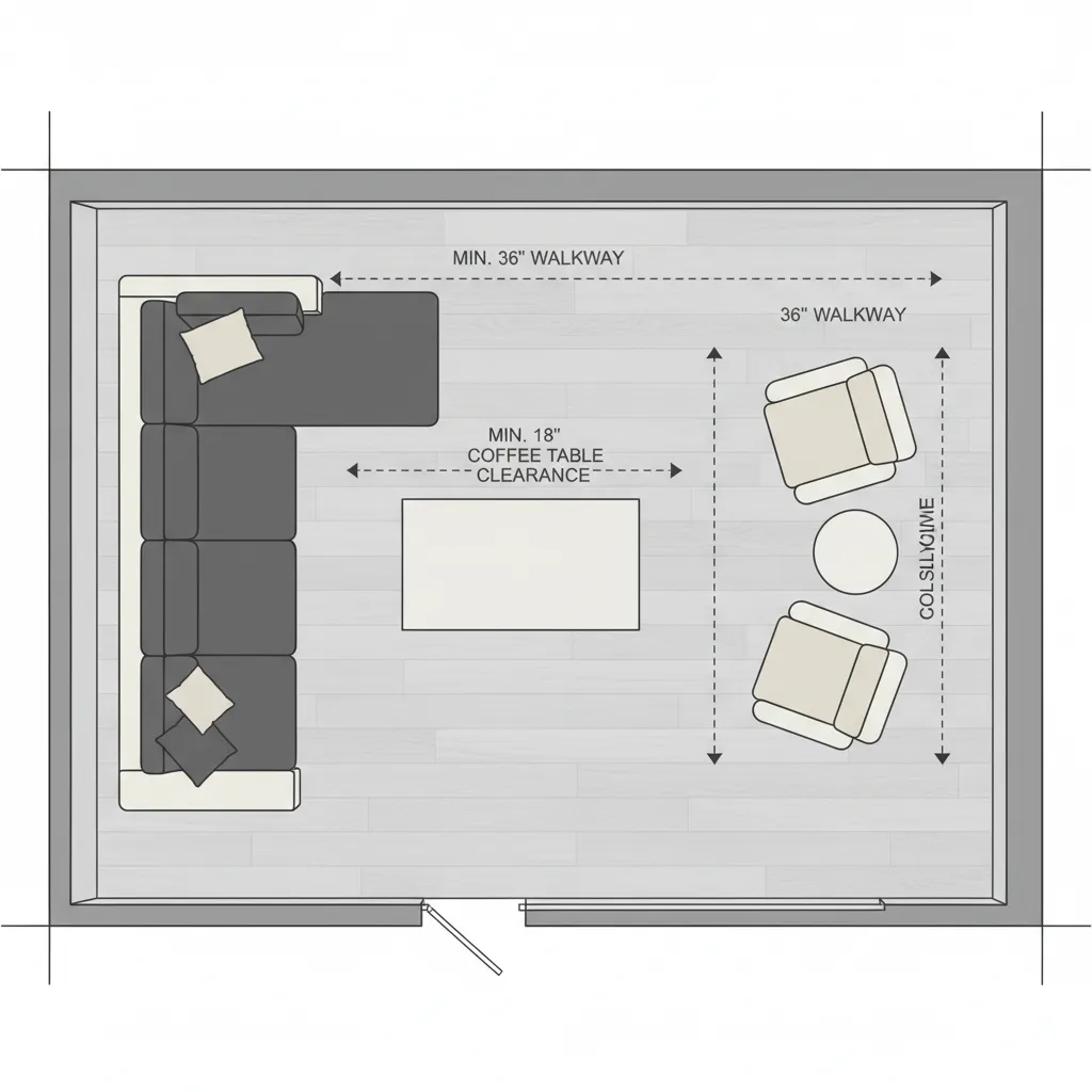 Interior layout diagram showing furniture spacing and walkway clearance