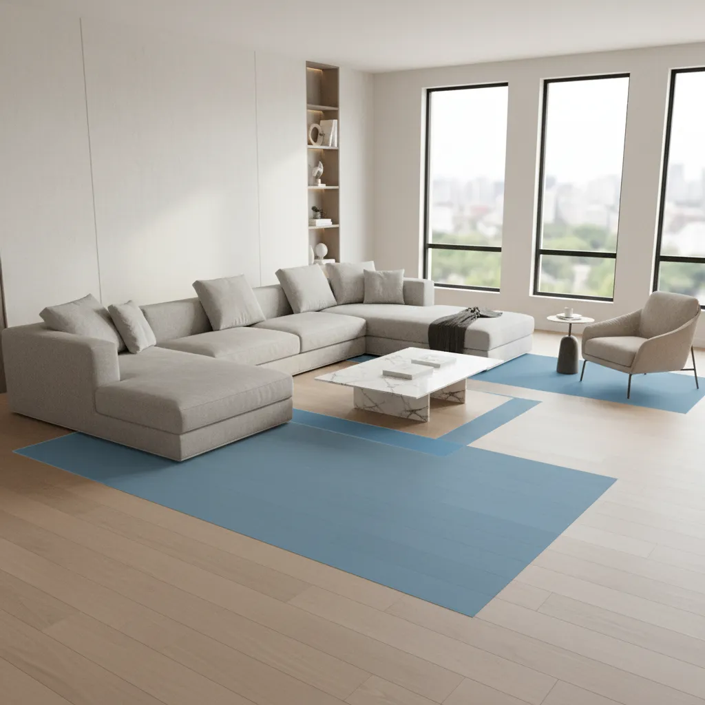 Interior layout diagram showing spacing between sofa coffee table and walkways