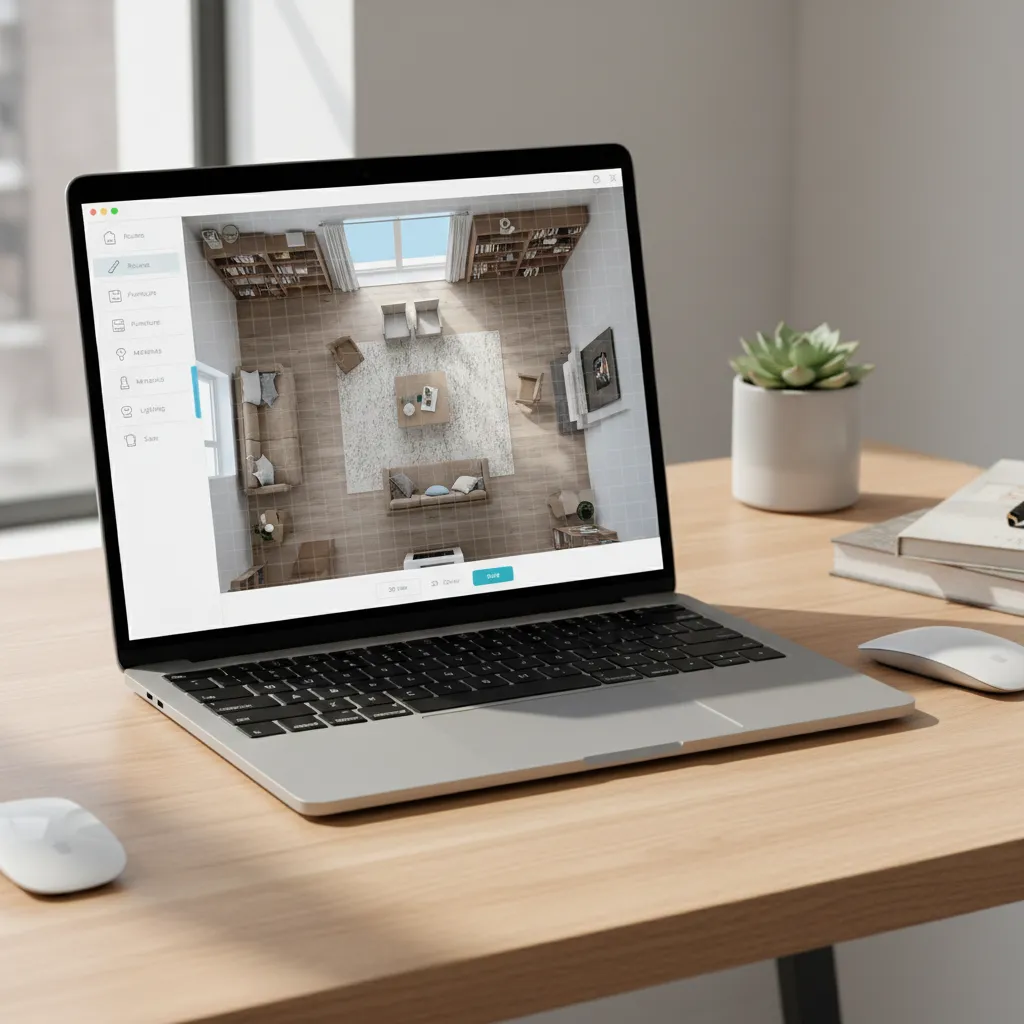 Interior design app interface showing a prebuilt living room layout template