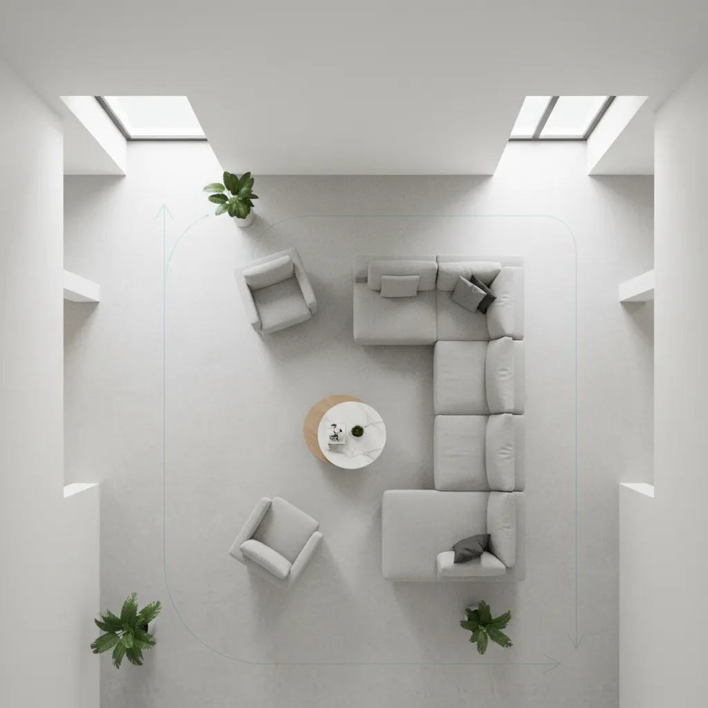 living room layout showing walking paths and furniture zones