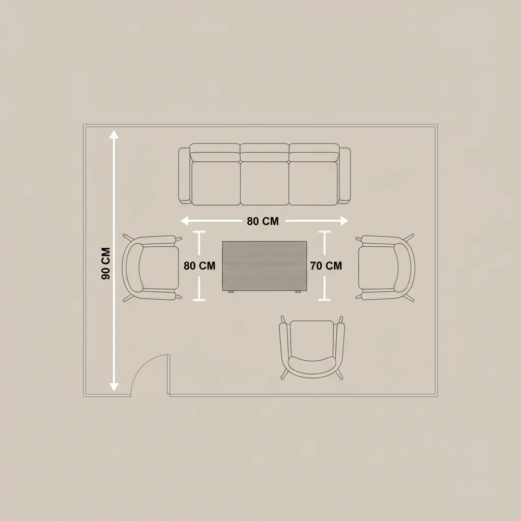 living room layout diagram showing walkway clearance measurements in centimeters