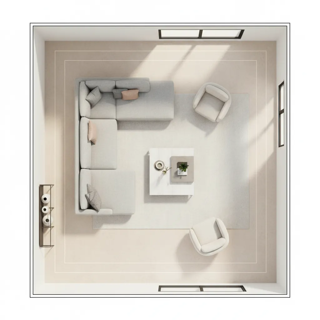 Living room layout diagram showing furniture placement and walking paths