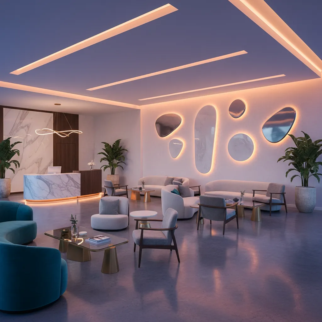 Colorful boutique hotel lobby interior with modern seating and dramatic lighting at Room Mate Grace