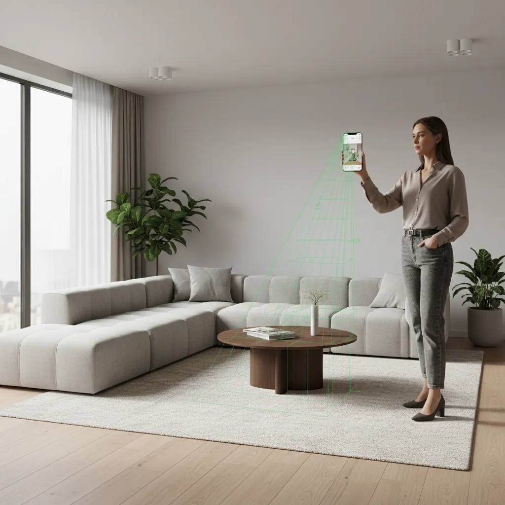 Interior designer scanning a living room using a LiDAR room measurement app