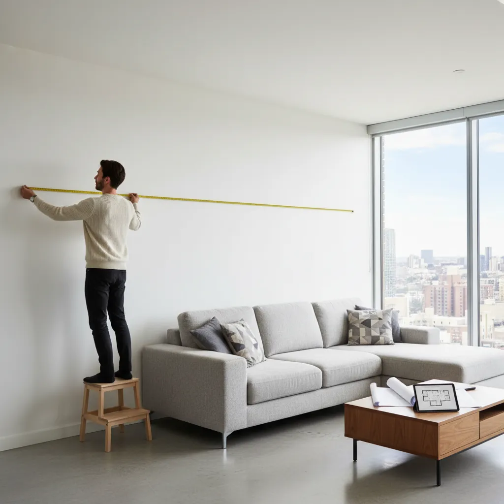 Homeowner measuring living room dimensions with measuring tape before creating floor plan