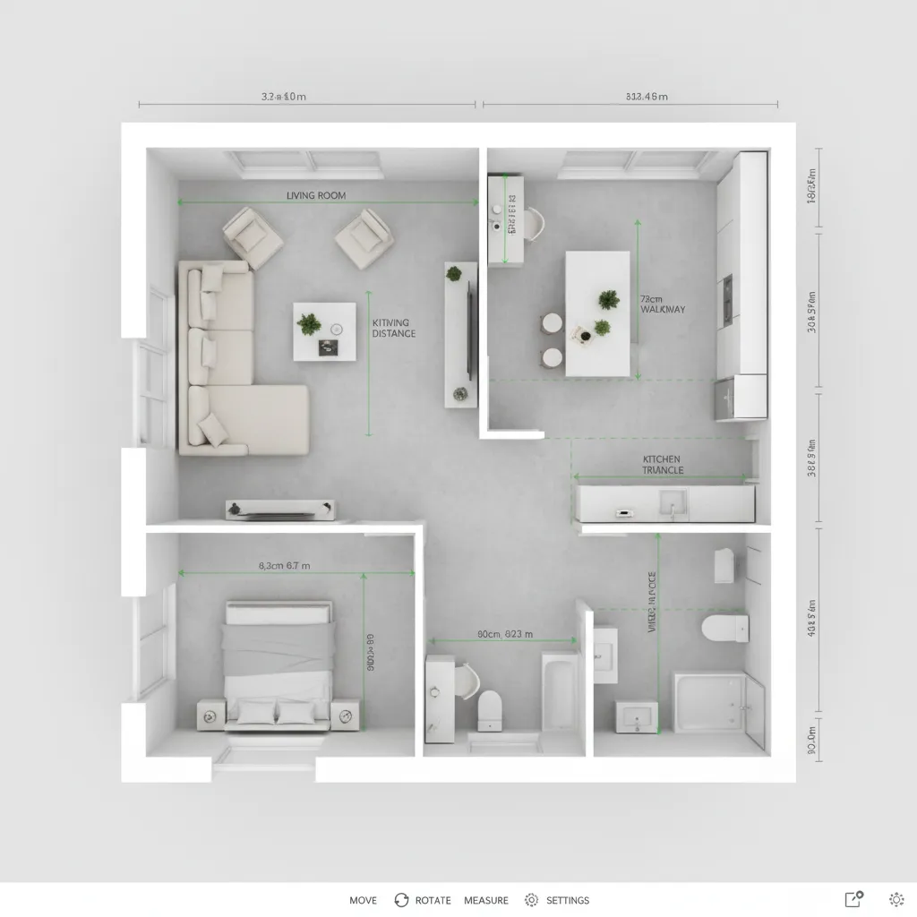 Interior design app showing room dimensions and furniture spacing plan