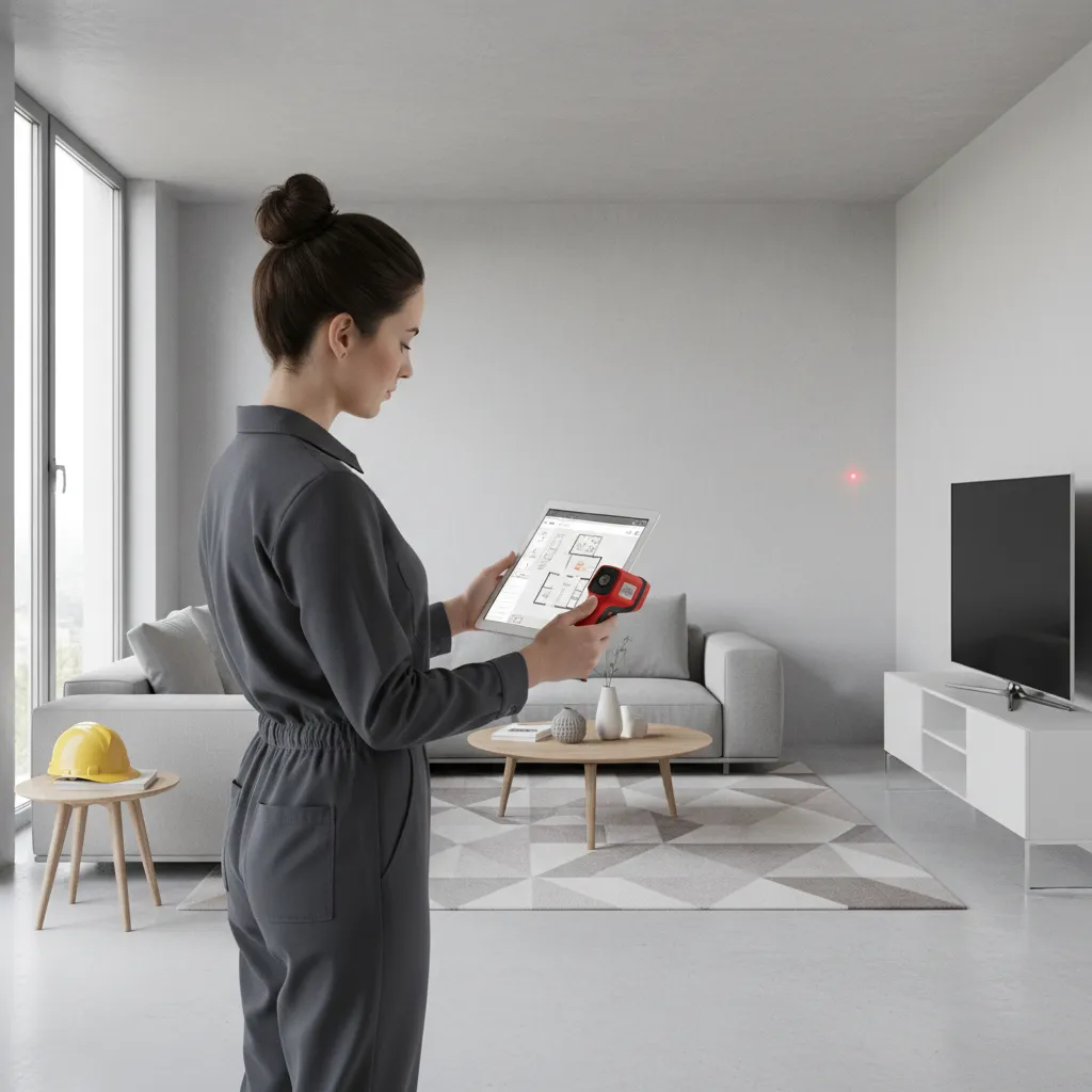 Interior designer measuring a room and transferring dimensions into a digital floor plan creator