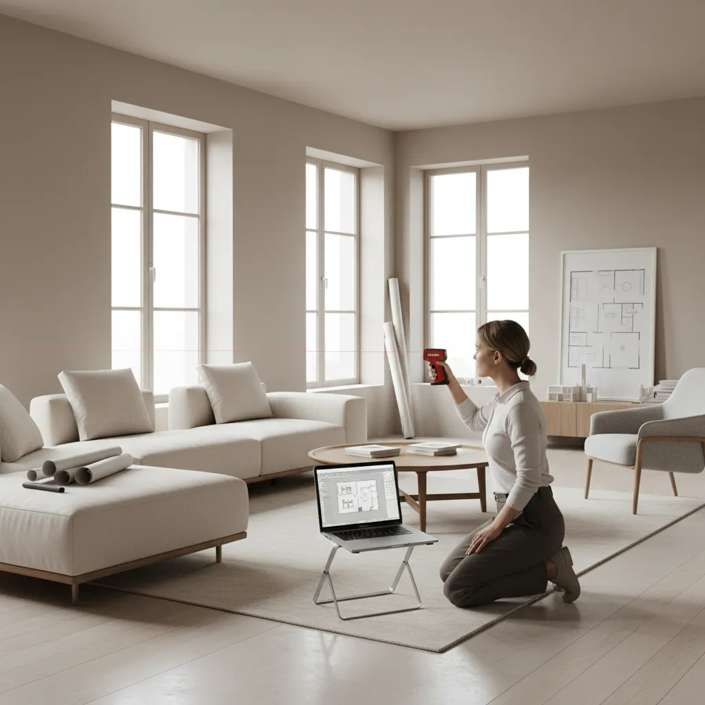 Designer measuring a living room and creating a digital floor plan for furniture layout
