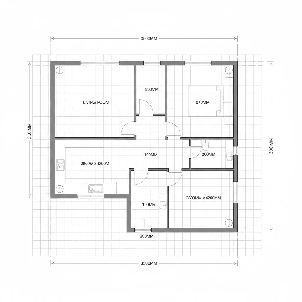 floor plan grid system with precise wall measurements for layout planning