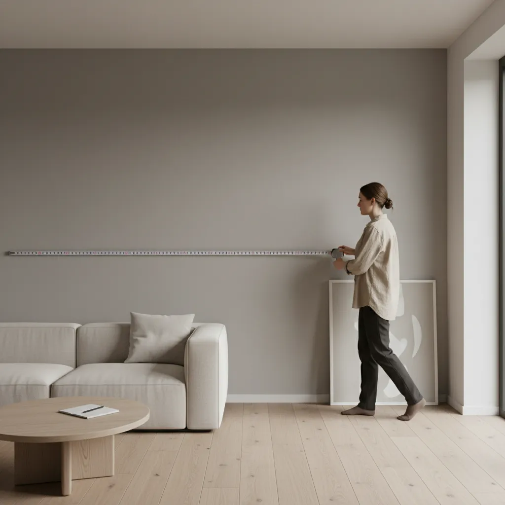 Person measuring living room wall with tape measure for floor plan design