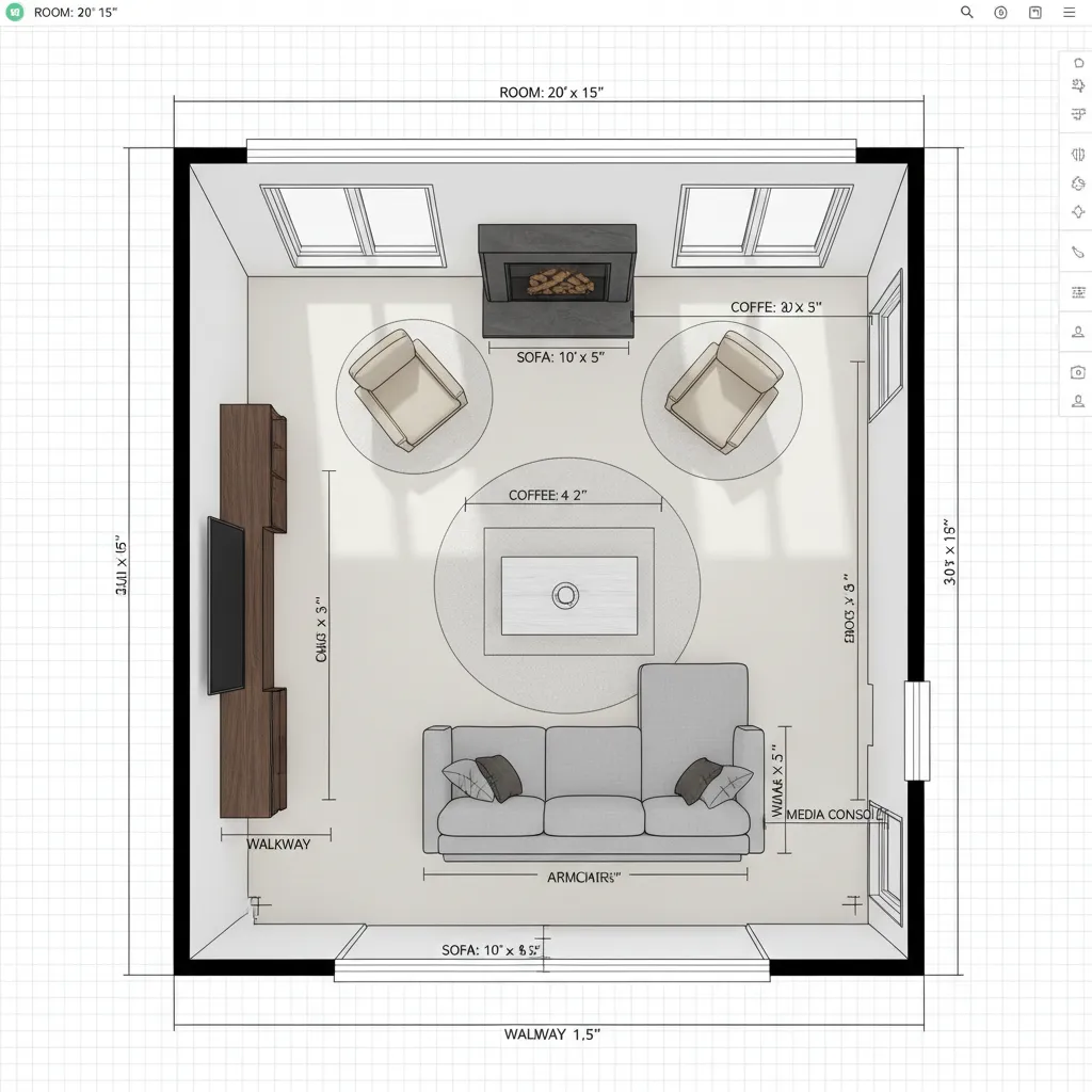 Plano digital con medidas de una sala y colocación de muebles