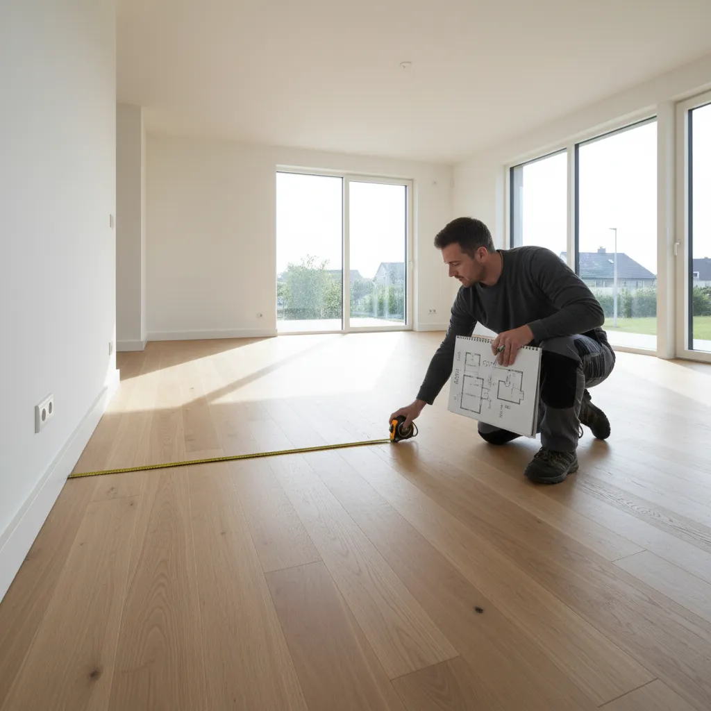 Measuring a living room floor with tape measure before creating a room planner layout