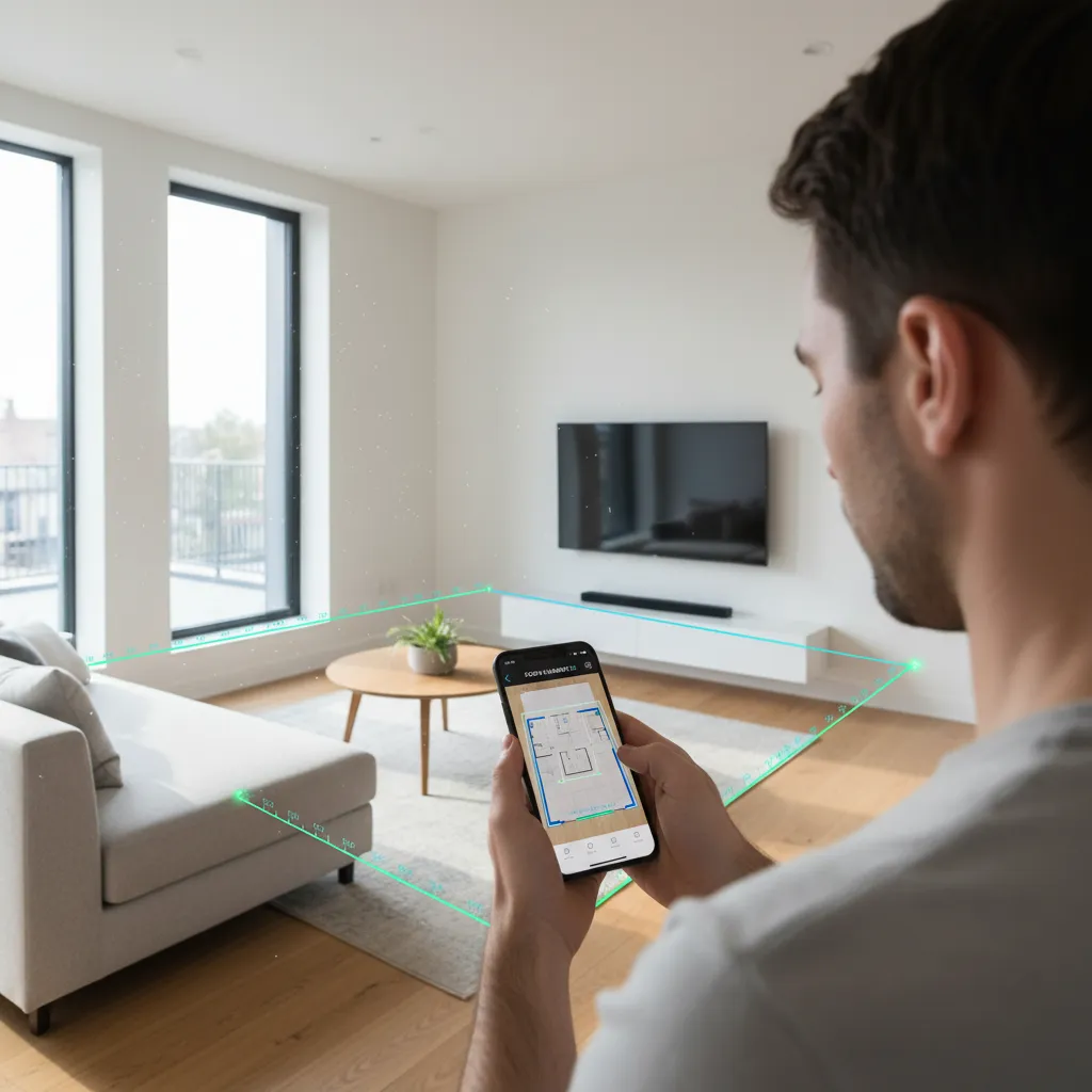 Person scanning a room with a smartphone to create a digital floor plan
