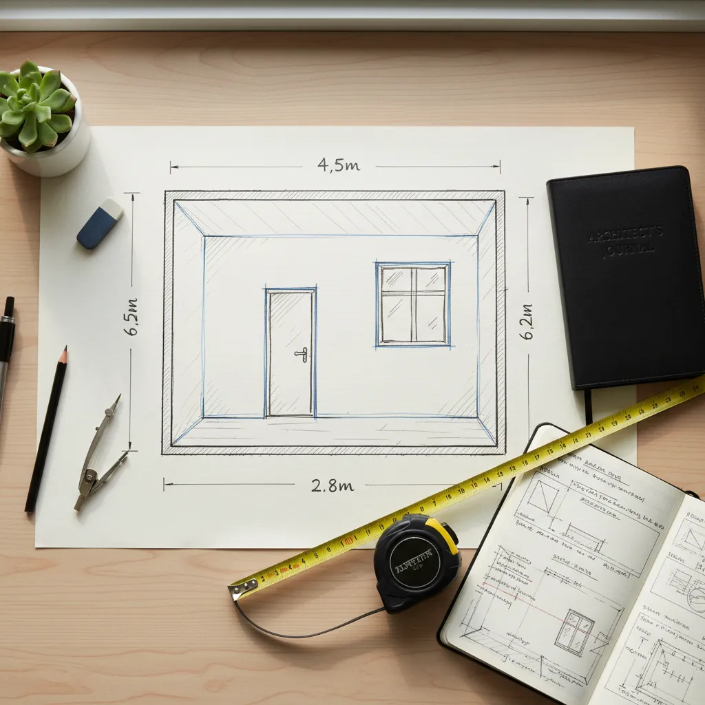 Hand drawn room measurement sketch with dimensions for floor plan planning