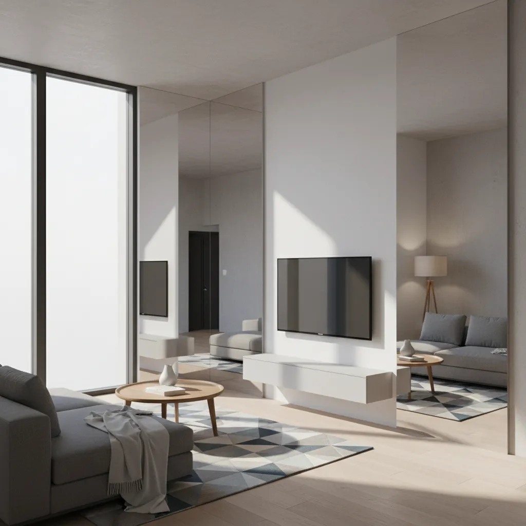 Interior room comparing different mirror placements and reflection effects