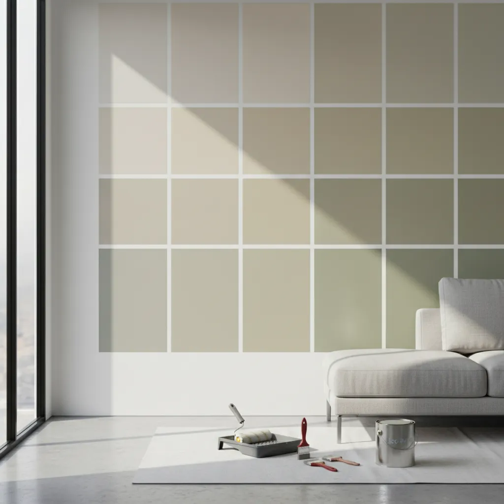paint color swatches tested on interior wall under natural lighting