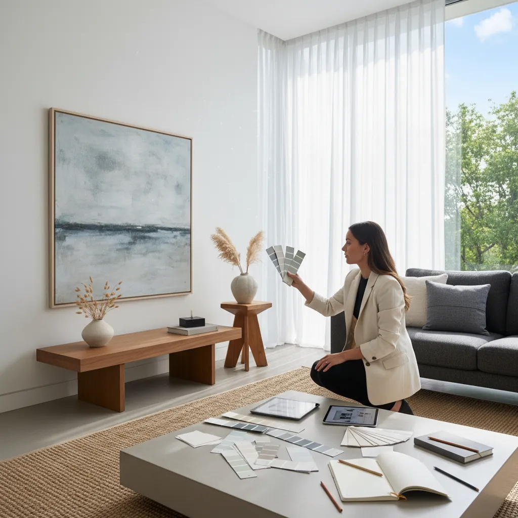 designer reviewing paint colors for different rooms in a home