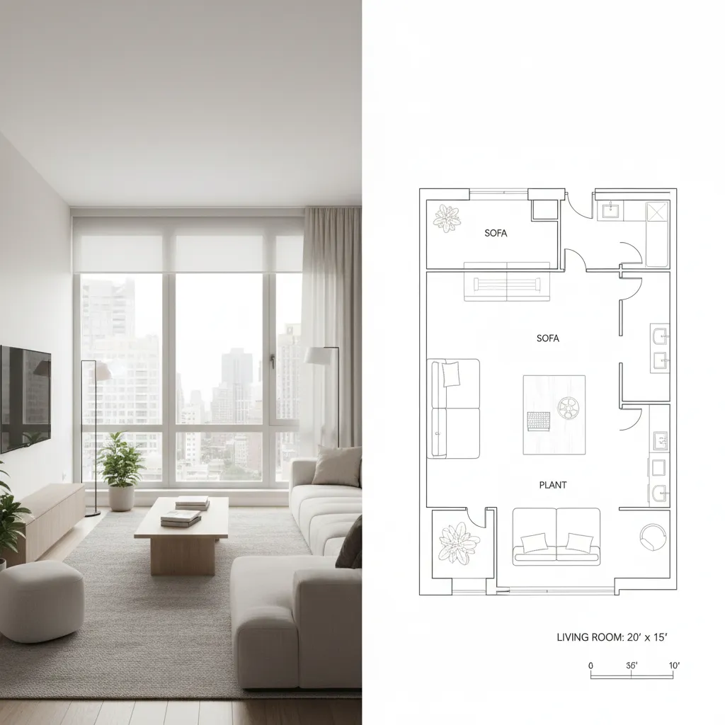 example of a room photo beside a generated digital floor plan