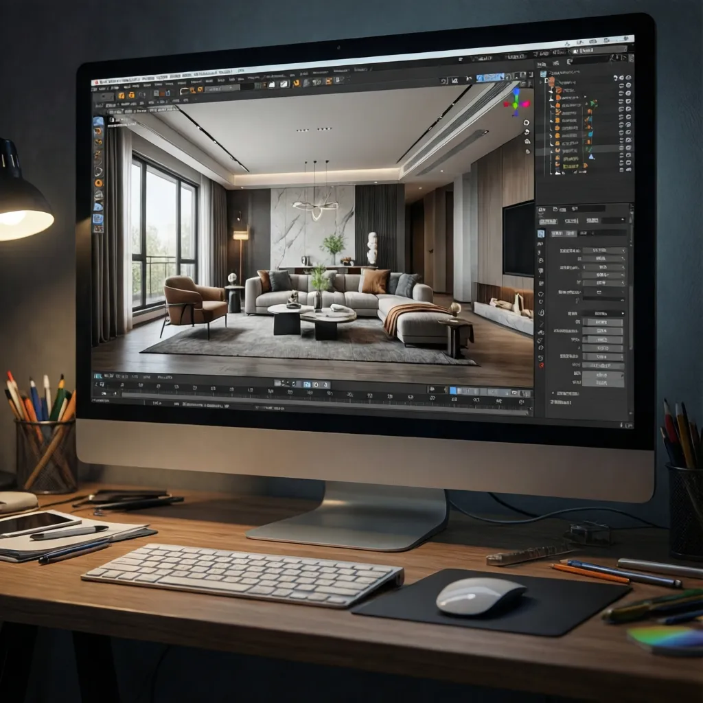 Diseño de salón en software 3D con muebles y distribución completa