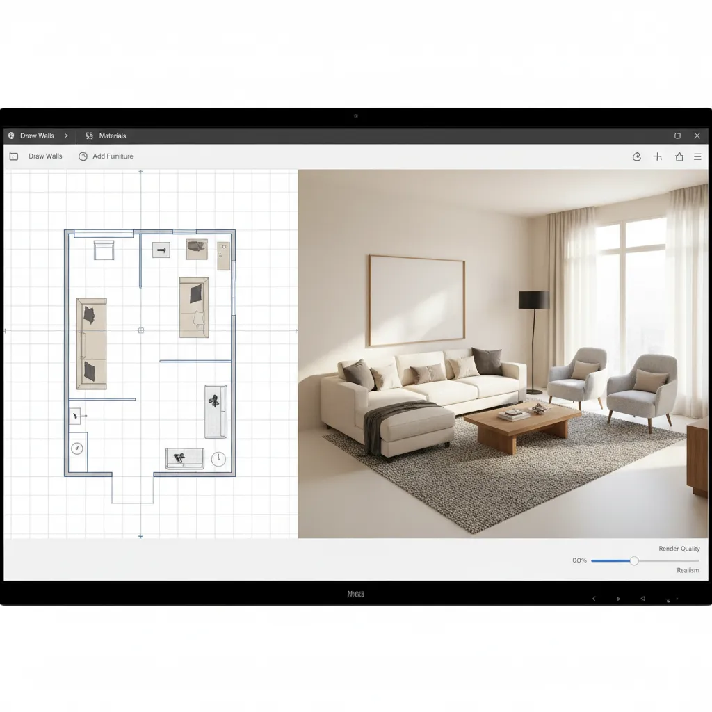 Interfaz de planificador de habitaciones mostrando un diseño en 2D y 3D