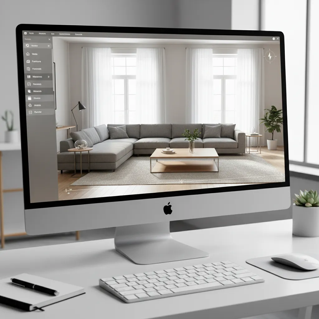 3D room planner interface showing a furnished living room layout