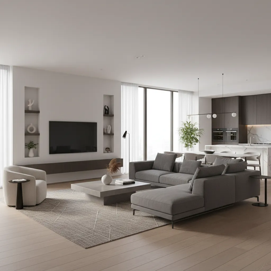 Diseño 3D de salón moderno generado con software de planificación de espacios