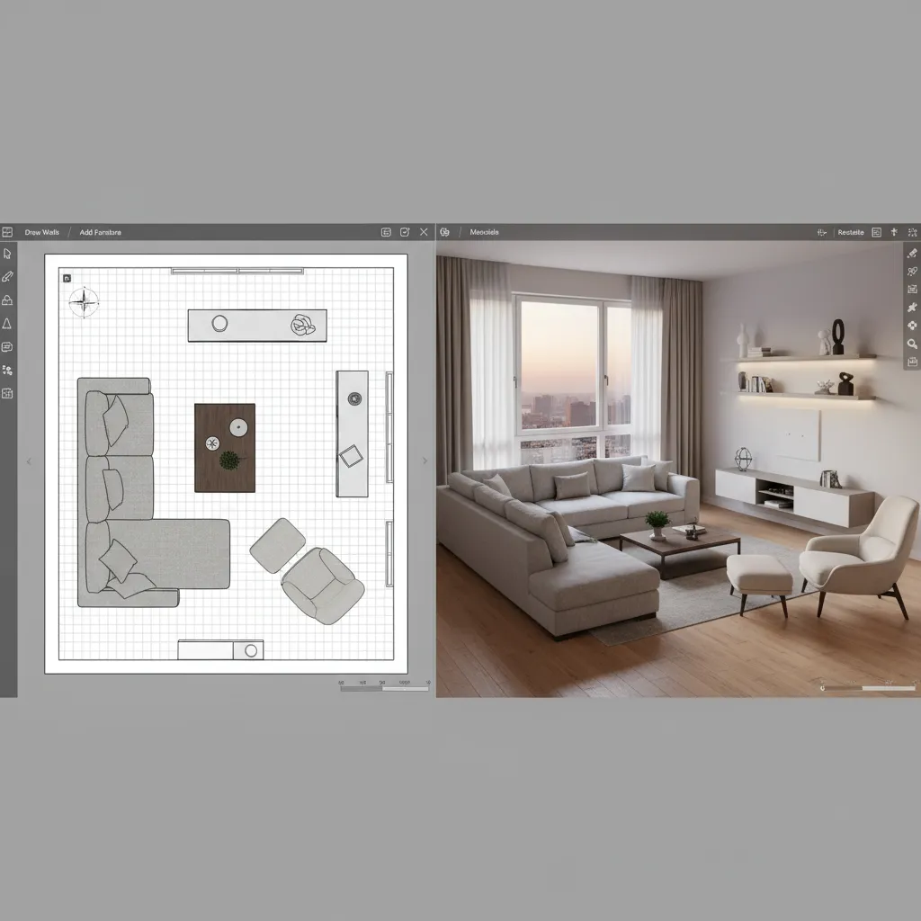 Coohom interface showing a comparison of 2D floor plan layout and 3D interior design drawing