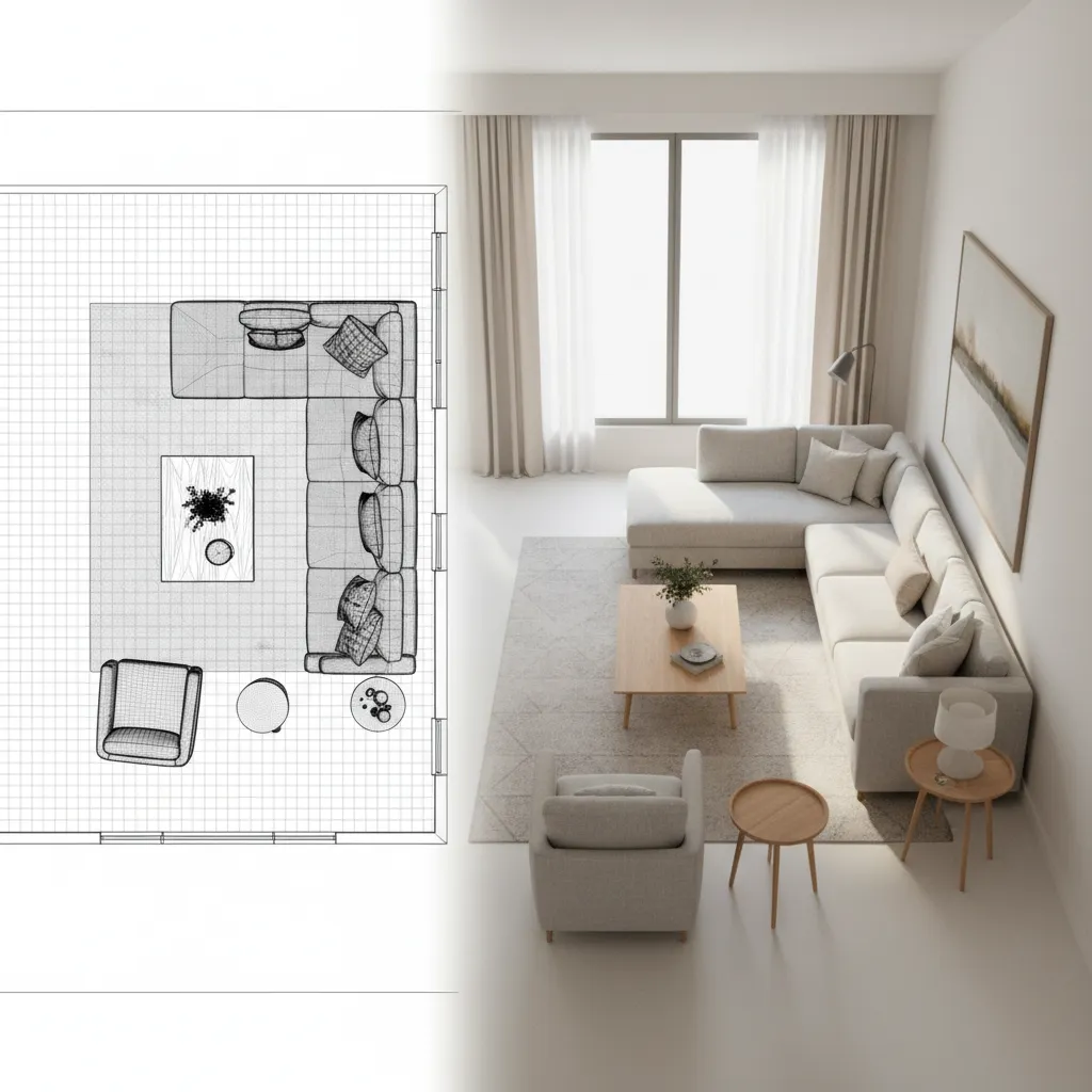 Visualización 3D de un plano de salón con muebles colocados digitalmente