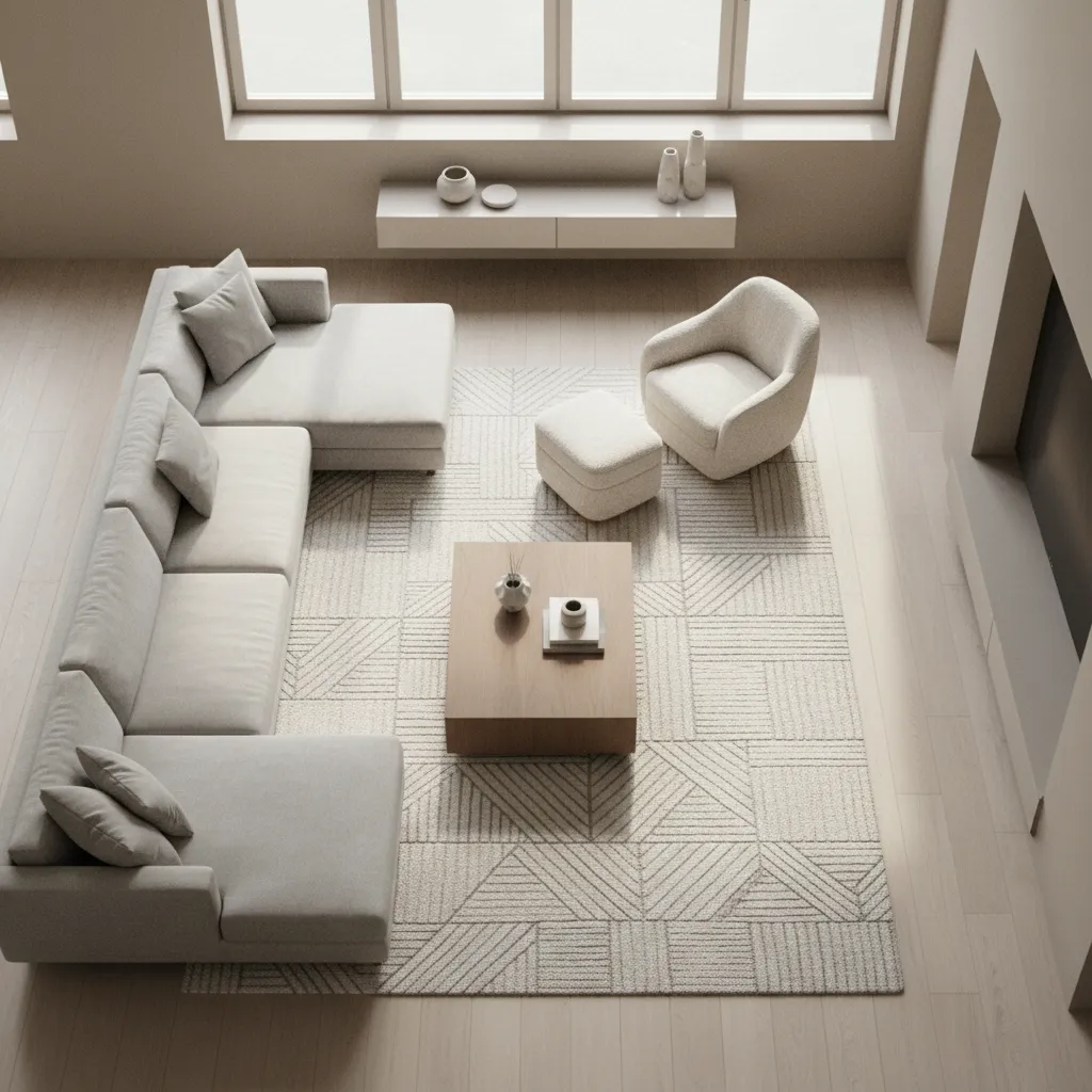 3D planned living room layout showing sofa coffee table and walking path spacing