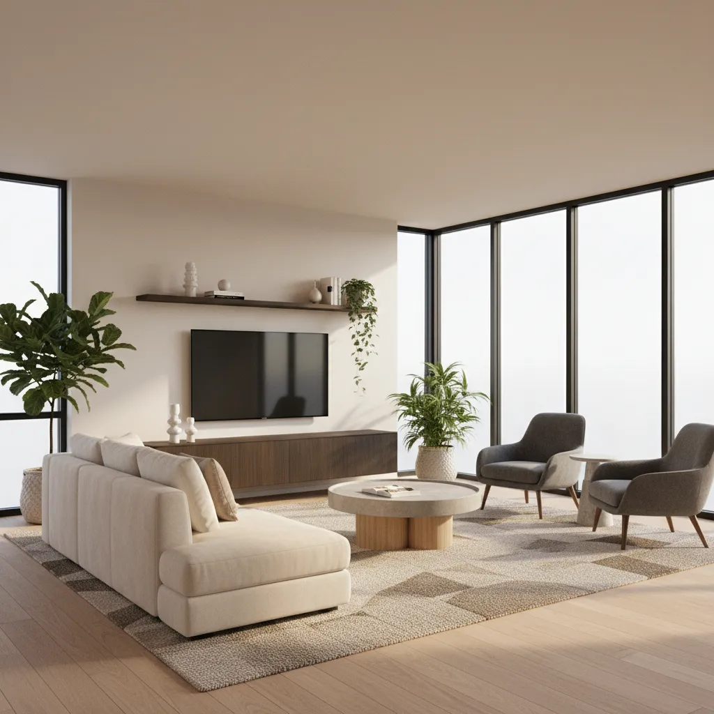 eye level perspective view from room planner 3D showing balanced living room furniture
