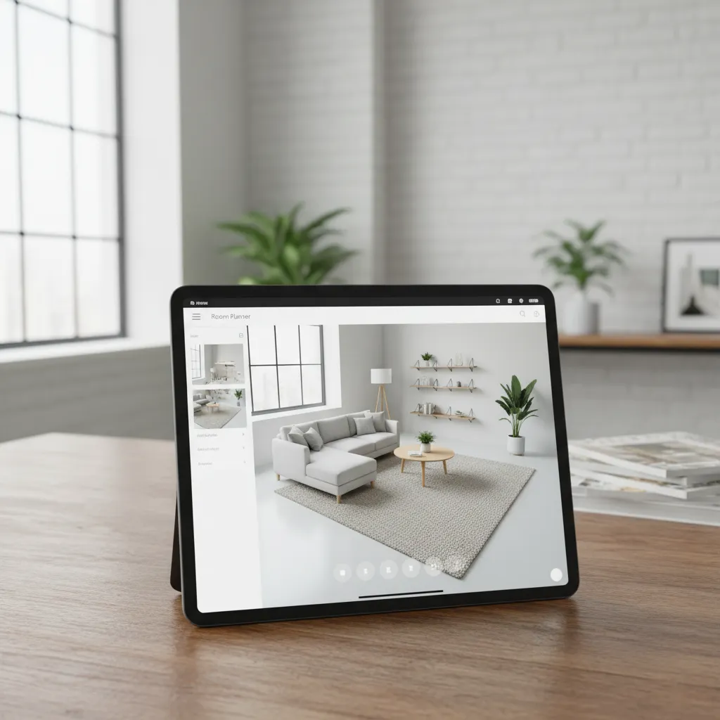 Tablet displaying a digital living room layout planning interface
