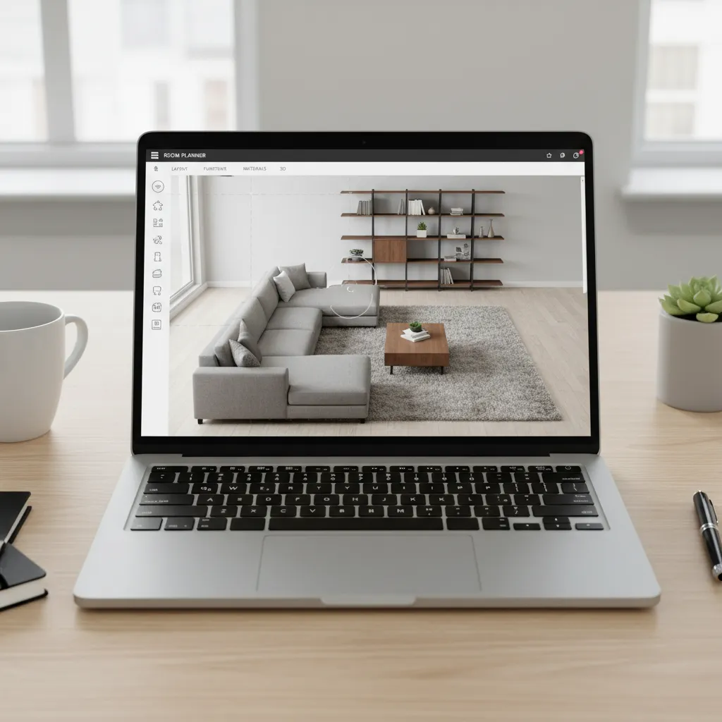 Interfaz de una aplicación de planificación de habitaciones con muebles colocados en un plano