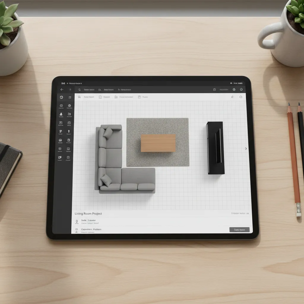 Example of a digital room planner app interface showing furniture layout in a living room