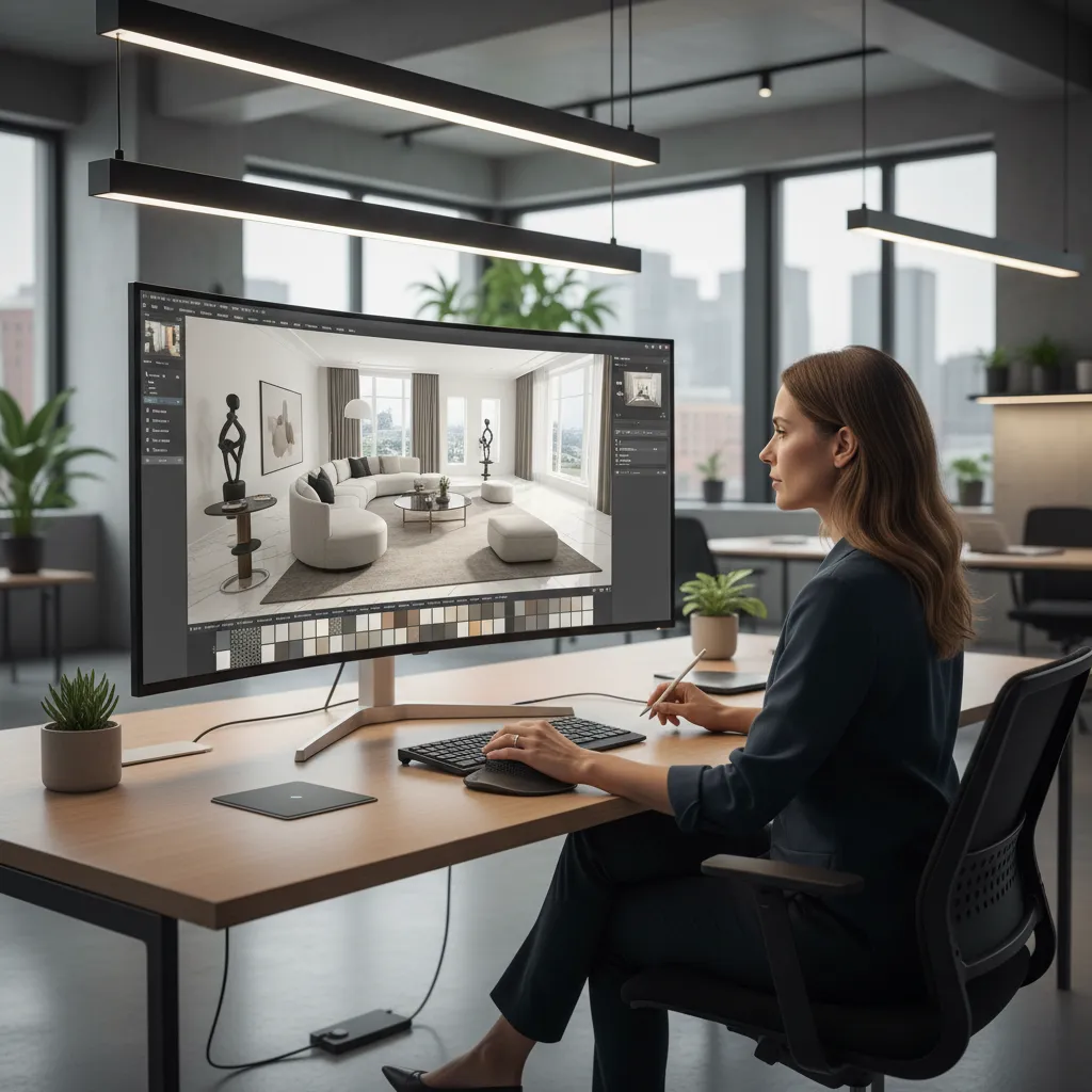 Diseñador usando software para organizar muebles en una habitación