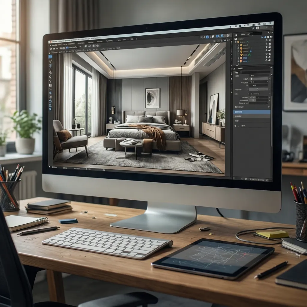 pantalla de ordenador mostrando planificación de una habitación en 3D