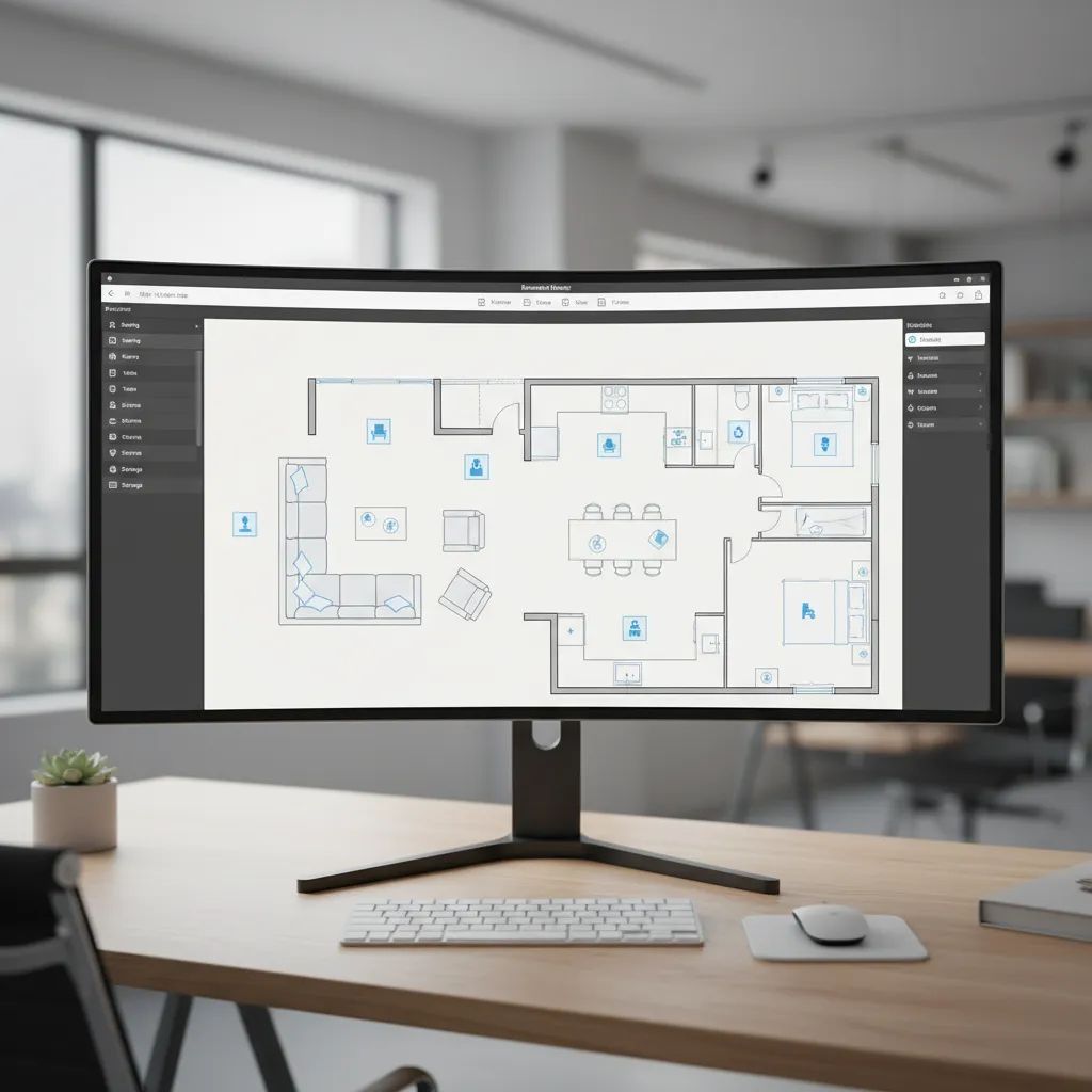 Interfaz de planificador de habitaciones con muebles colocados