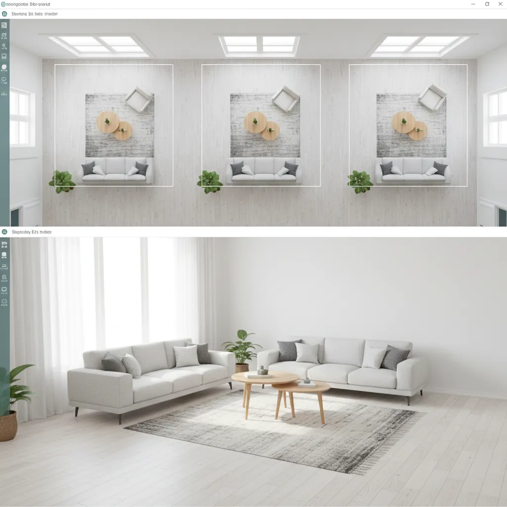 Diseño digital de un salón con diferentes opciones de distribución de muebles