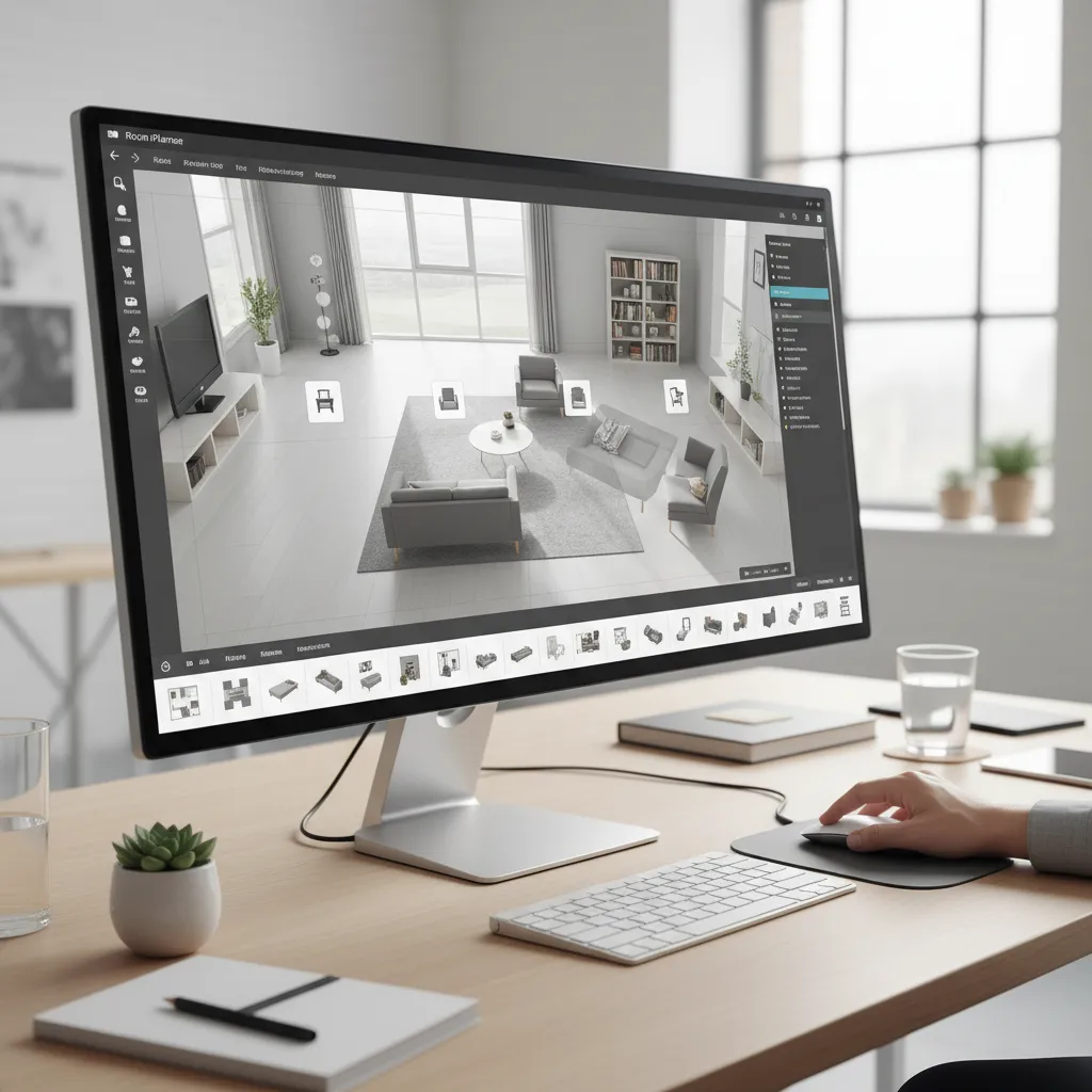 Usuario organizando muebles en un planificador digital de habitaciones