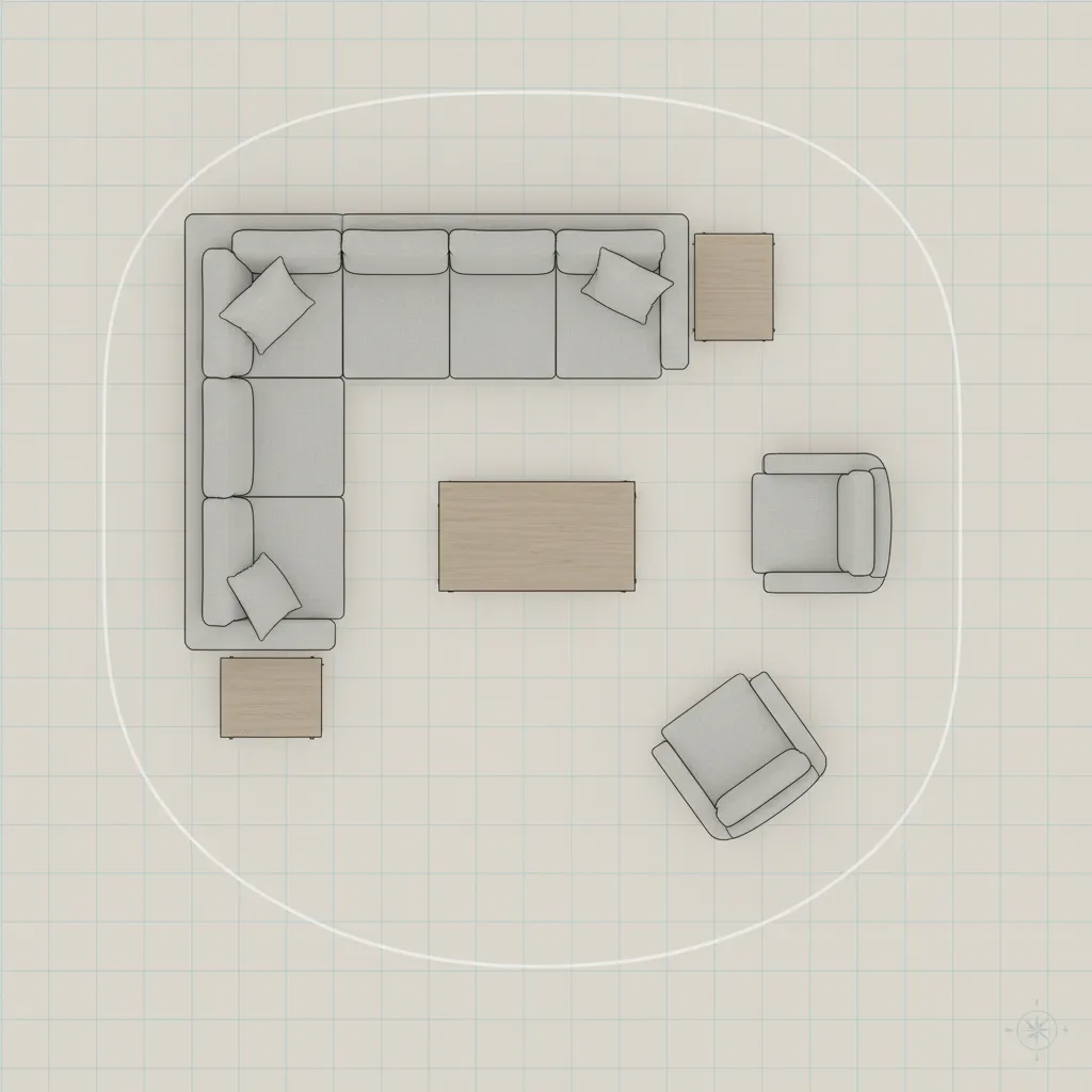 top down floor layout created with a room planner showing furniture placement and walking paths