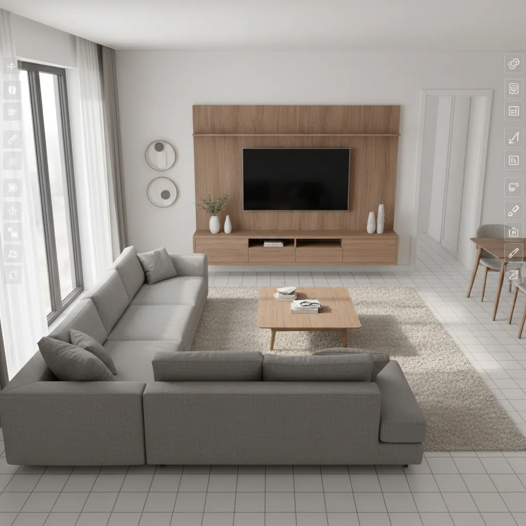 Modern living room featuring grey sofa wooden wall cabinet coffee table rug and bright dining space