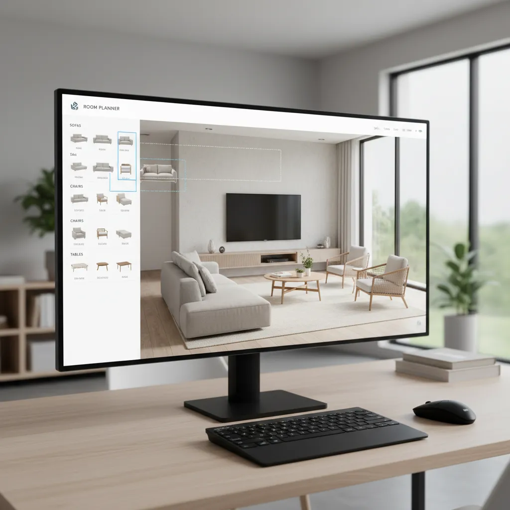 Furniture library panel in room planner software with sofa and table models