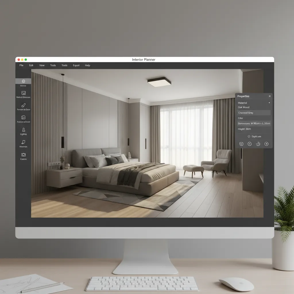 interfaz de planificador de habitaciones con muebles en 3D