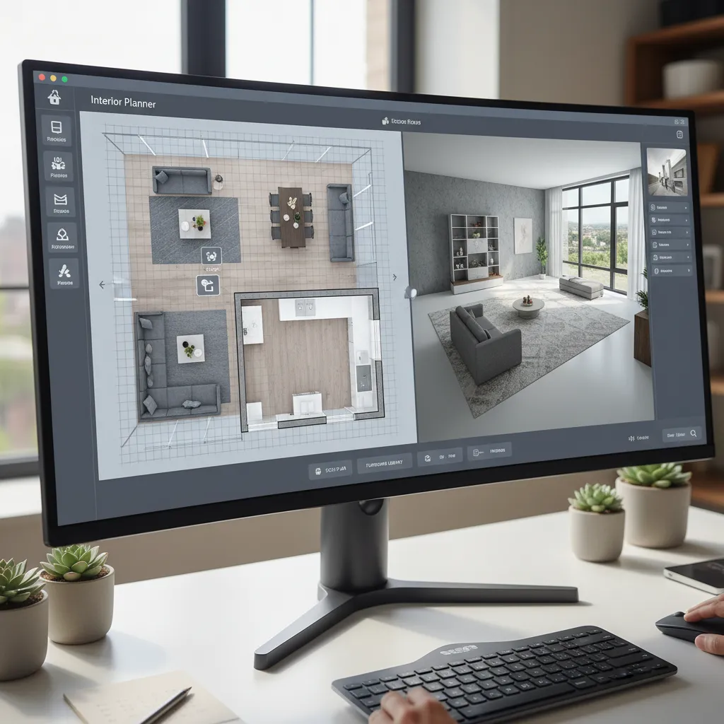 Interfaz de un programa de planificación de habitaciones con vista 2D y 3D