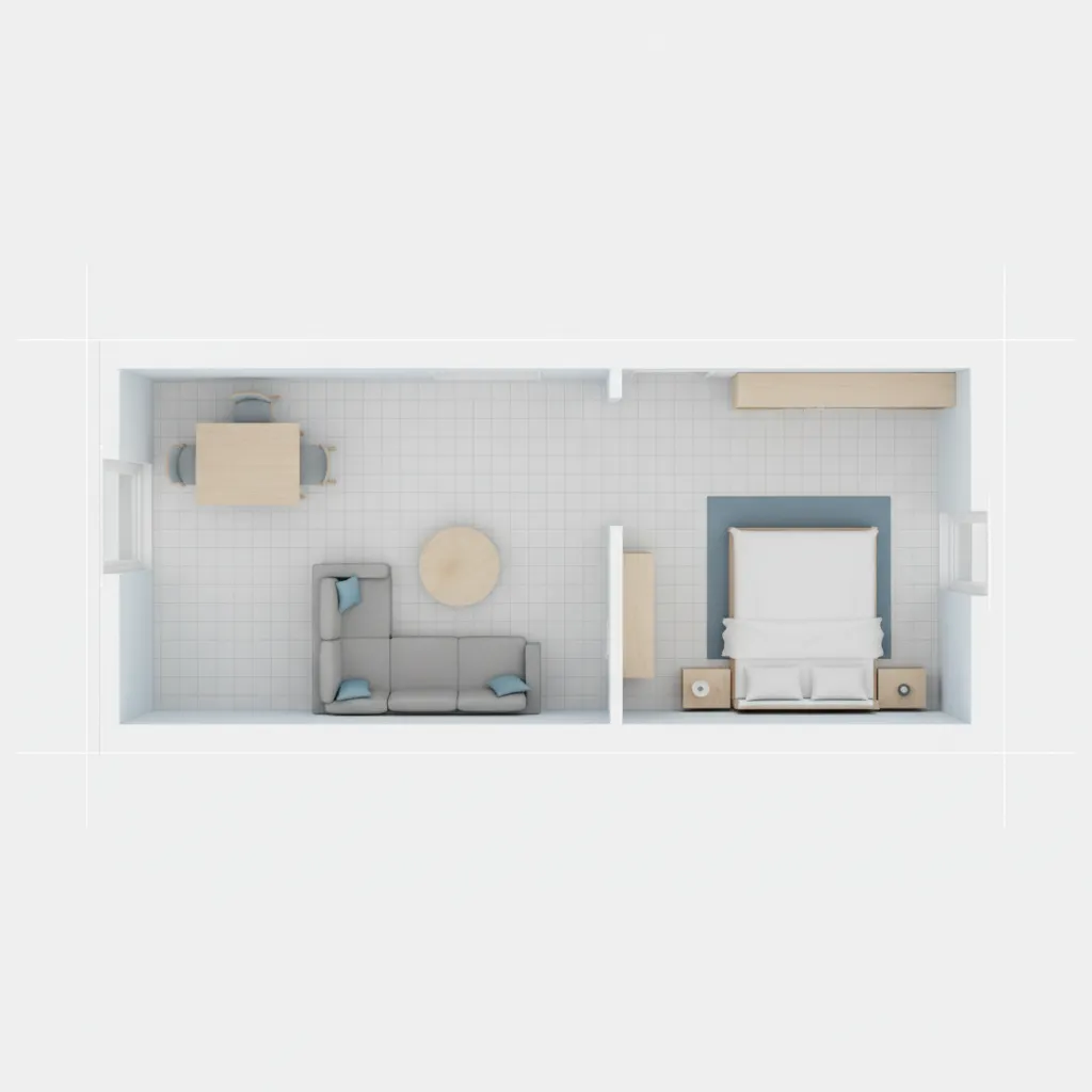 Top view 3D floor plan of apartment showing dining area living room and bedroom layout
