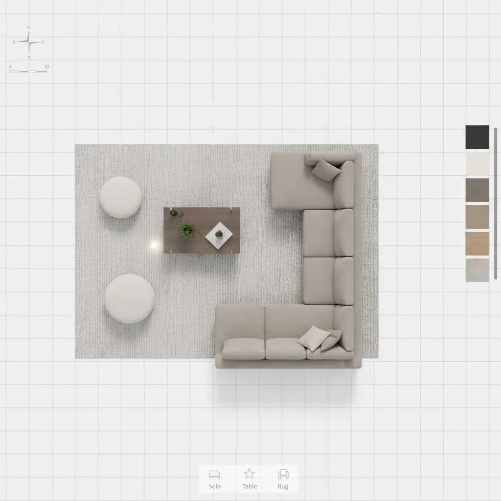 Plano digital de un salón con muebles colocados en un planificador de habitaciones