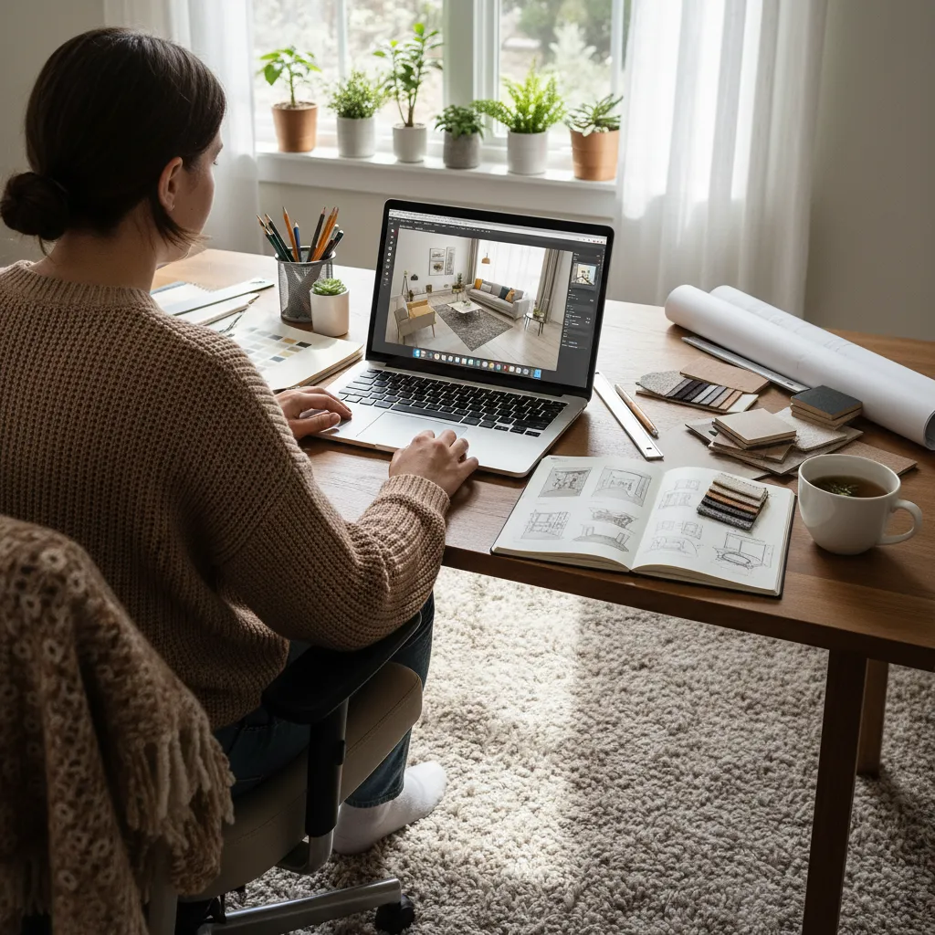 Persona practicando diseño de interiores con una herramienta digital en casa