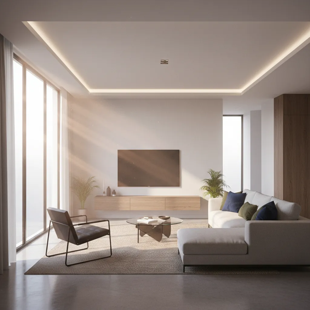 Interior lighting simulation inside room planner showing daylight entering a living room